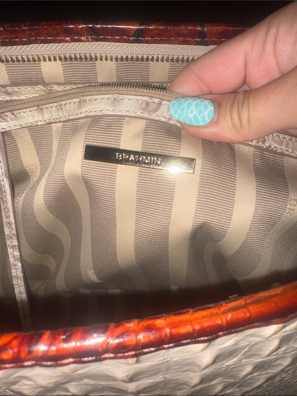 Brahmin Cream and Brown Croc-Embossed Tote with Tassel - Picture 4 of 8